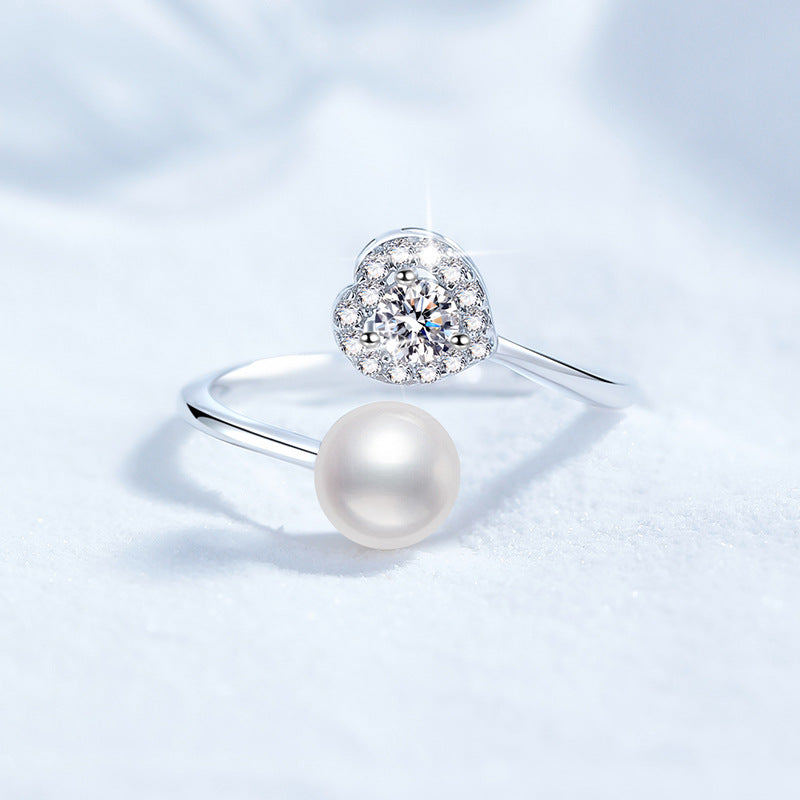 Ring Sterling Silver Heart-Shaped Moissanite and Freshwater Pearl Adjustable Open Band