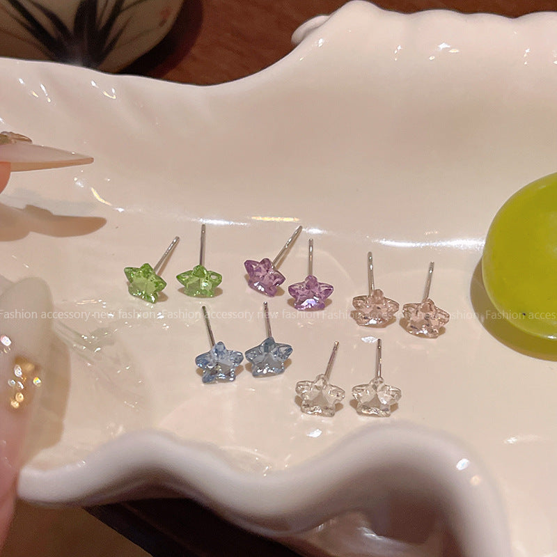 Minimalist Star Stud Earrings with Green Zirconia for Women, Small and Dainty Design