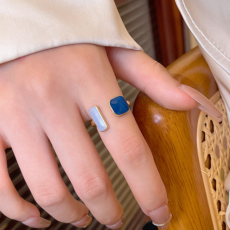 Vintage Blue Enamel Adjustable Geometric Ring for Women