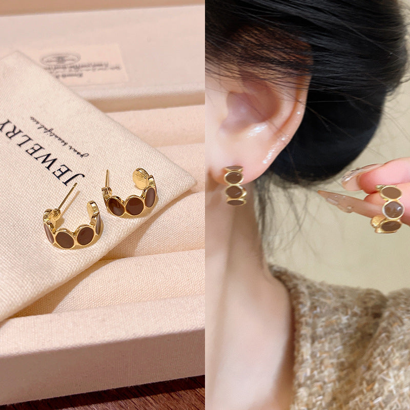 Vintage French-Inspired C-Shaped Earrings in Warm Brown Tone