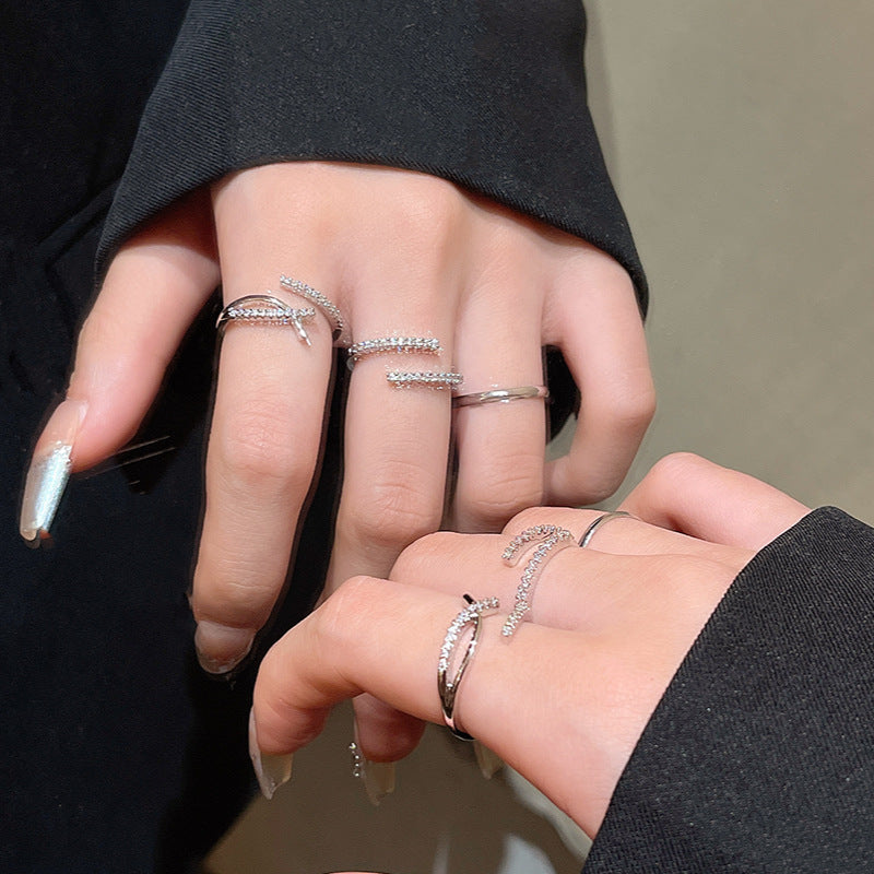 Adjustable Geometric Zirconia Ring Set for Women - Minimalist Three-Piece Stackable Rings
