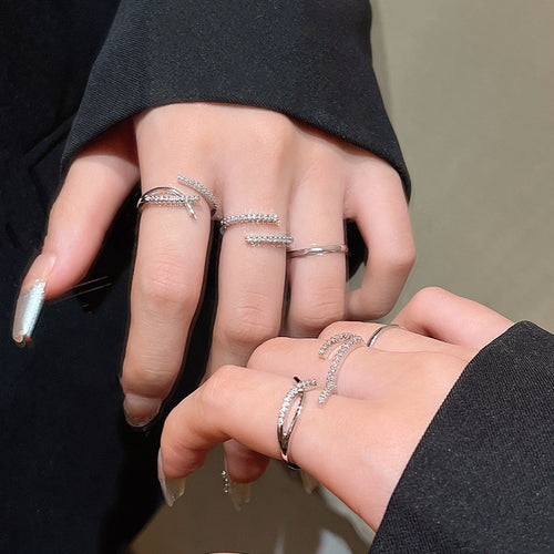 Adjustable Geometric Zirconia Ring Set for Women - Minimalist Three-Piece Stackable Rings