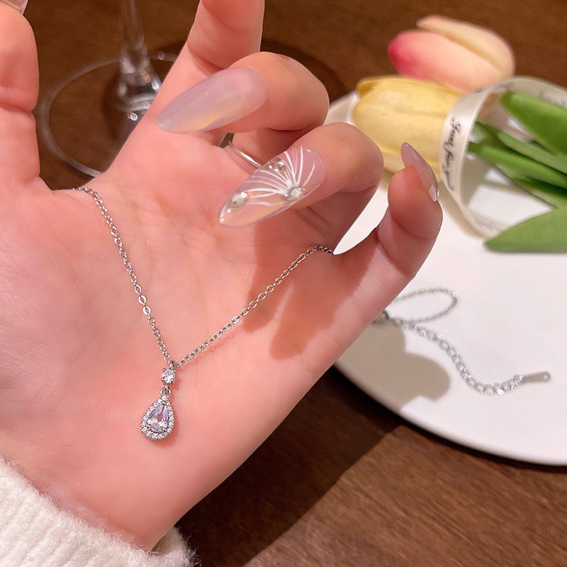 Elegant Waterdrop Zircon Necklace for Women - Minimalist Titanium Steel Chain with Geometric Pendant