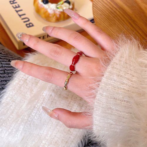 Adjustable Red Enamel Geometric Ring for Women - Vintage Minimalist Style