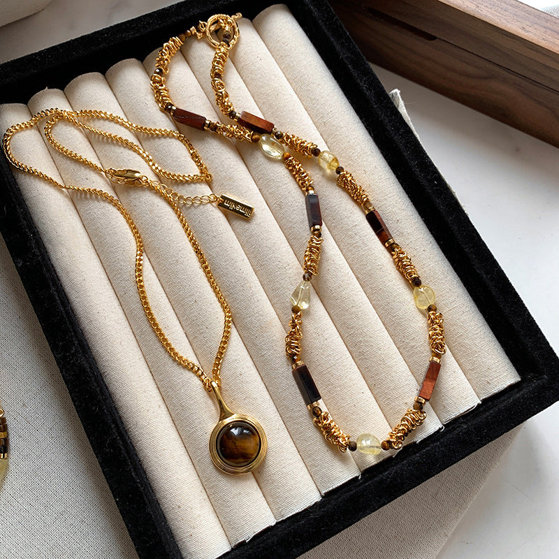 Layered Beaded Necklace with Natural Tiger Eye Stone Pendant for Women