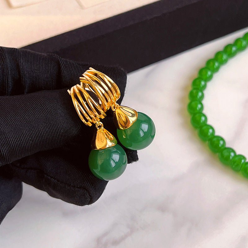 Vintage-Inspired Green Agate Geometric Earrings for Women