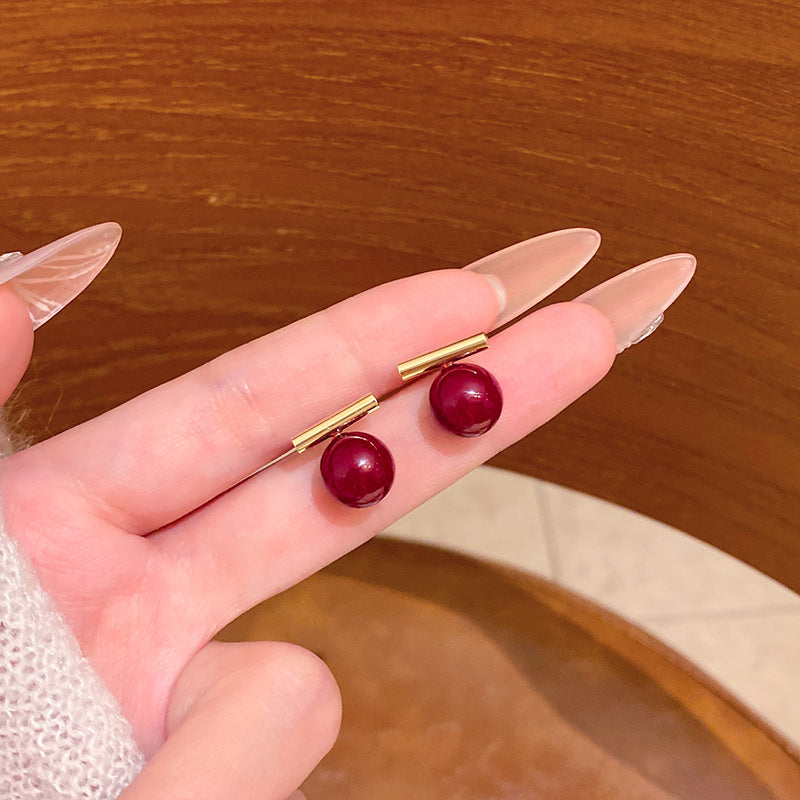 Minimalist Red Pearl Stud Earrings for Women, Geometric Design, Fashionable and Versatile