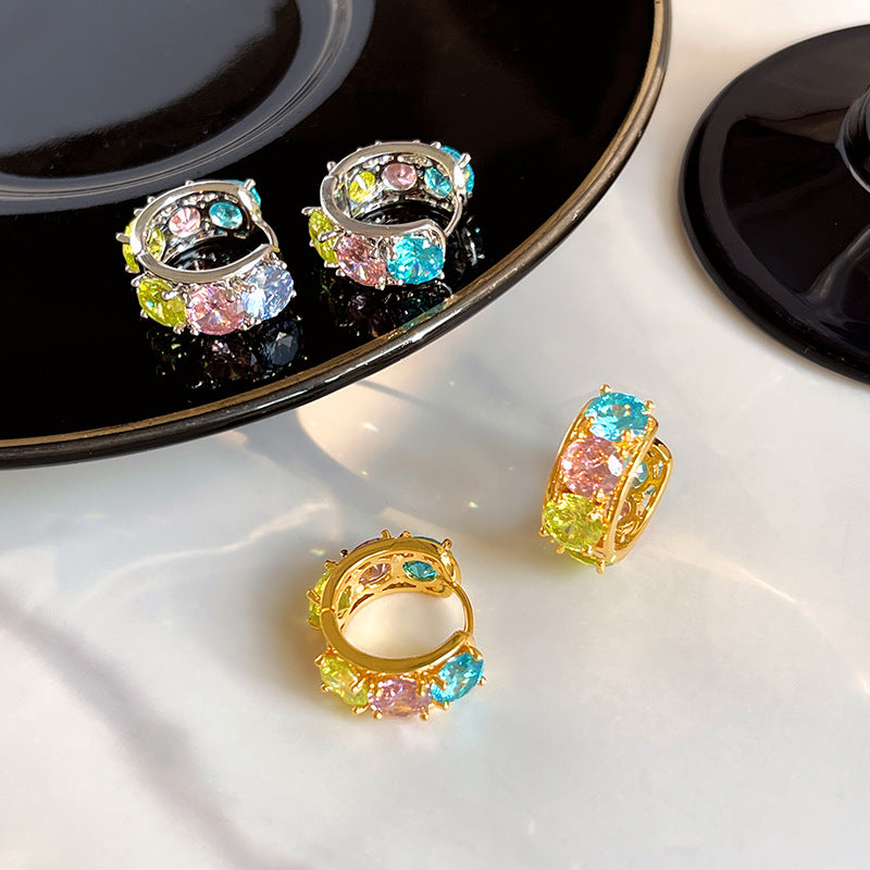 C-Shaped Gold-Plated Zircon Earrings with Dopamine-Inspired Color Accents