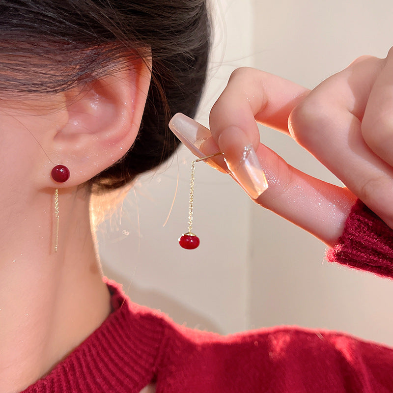 Long Fringe Drop Earrings with Red Geometric Beads for Women, Minimalist Style