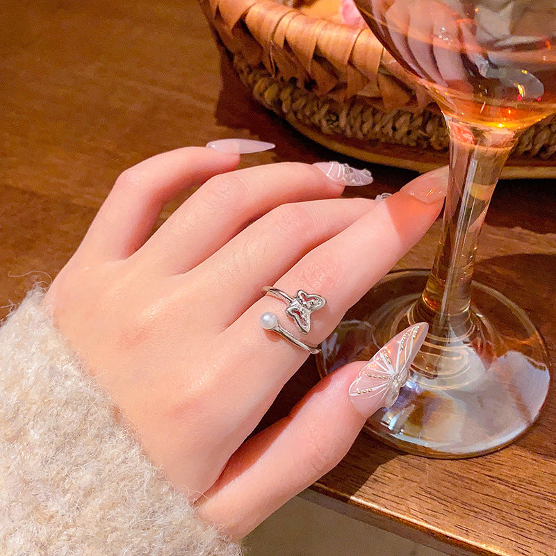 Adjustable Open Butterfly Ring with Pearl Accent for Women