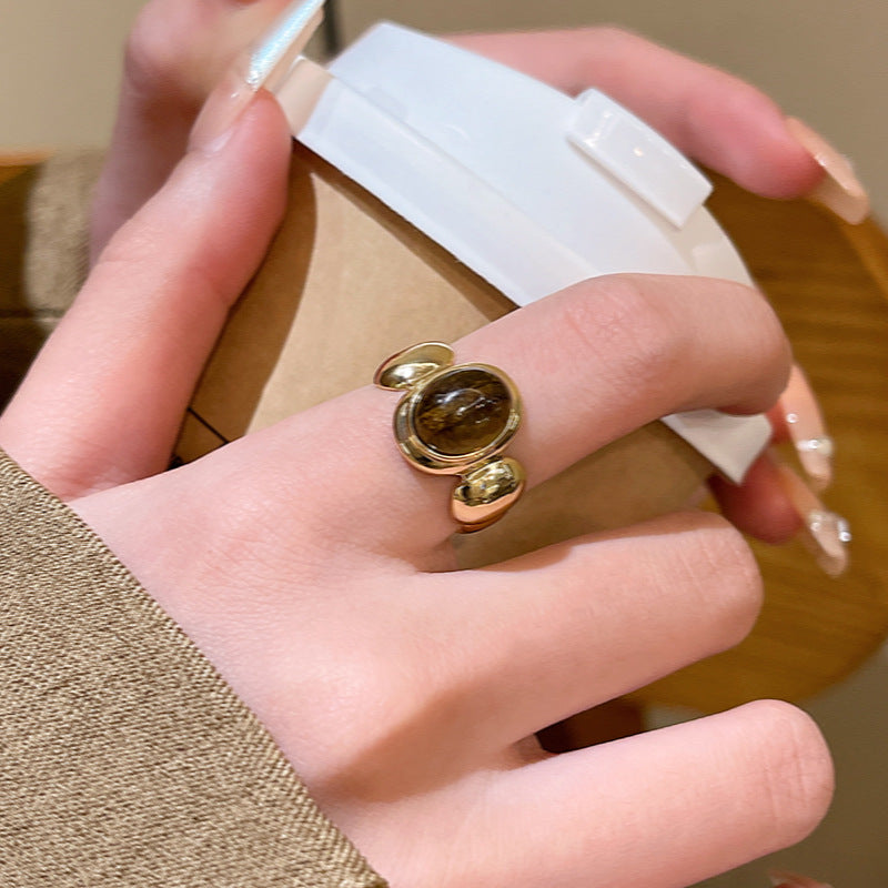 Adjustable Vintage Tiger Eye Stone Ring with Geometric Design for Women