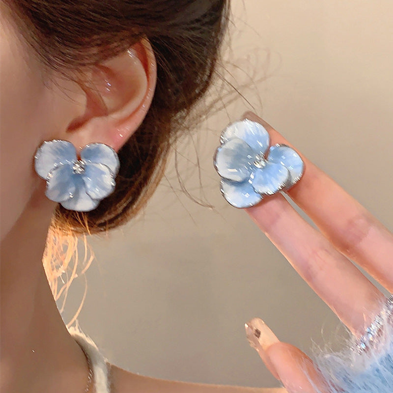 Vintage Blue Enamel Floral Stud Earrings with 3D Petal Design