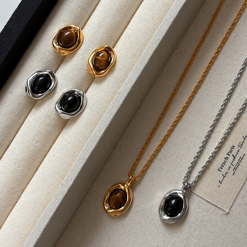 Minimalist Tiger Eye Stud Earrings and Necklace Set in 925 Sterling Silver with Gold Plating