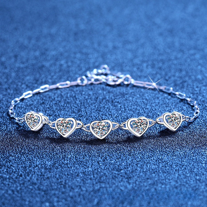 Bracelet Sterling Silver Heart-Shaped Moissanite Link Chain Bracelet with Sparkling Stones