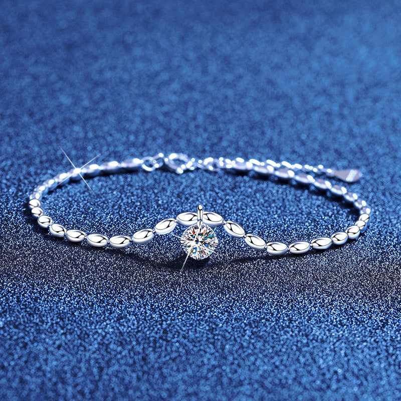 Bracelet Minimalist Sterling Silver Rice Bead Chain with Solitaire Moissanite Stone Charm