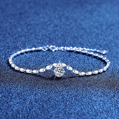 Bracelet Minimalist Sterling Silver Rice Bead Chain with Solitaire Moissanite Stone Charm