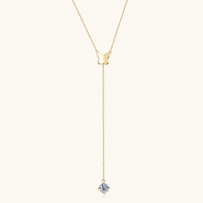 Necklace Elegant Butterfly Moissanite Y-Drop Pendant Sterling Silver Long Chain