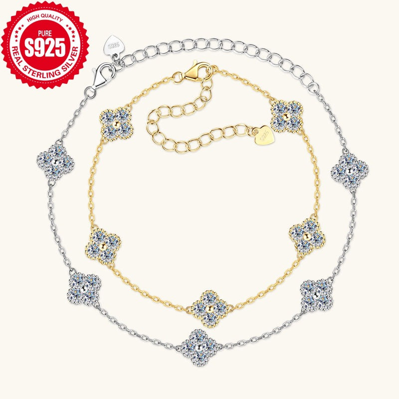 Bracelet Four Leaf Clover Moissanite Sterling Silver Chain Bracelet with Adjustable Extension