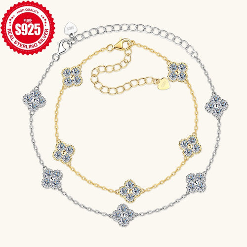 Bracelet Four Leaf Clover Moissanite Sterling Silver Chain Bracelet with Adjustable Extension