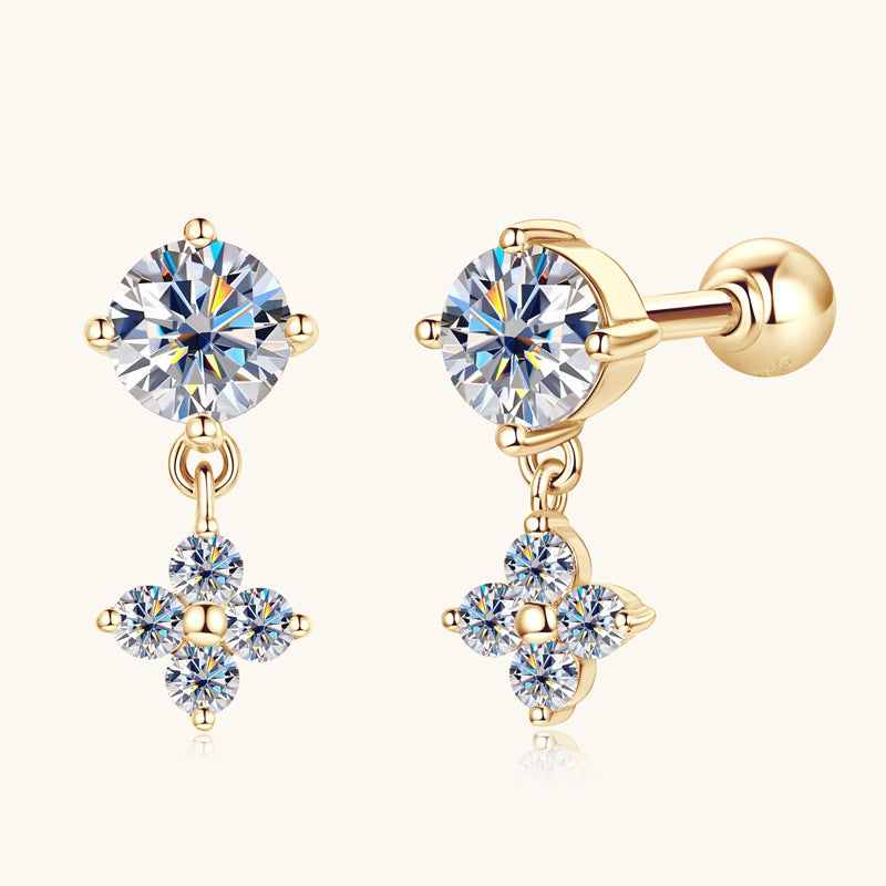 Earrings 10K Yellow Gold Moissanite Drop Earrings with Four Leaf Clover Design