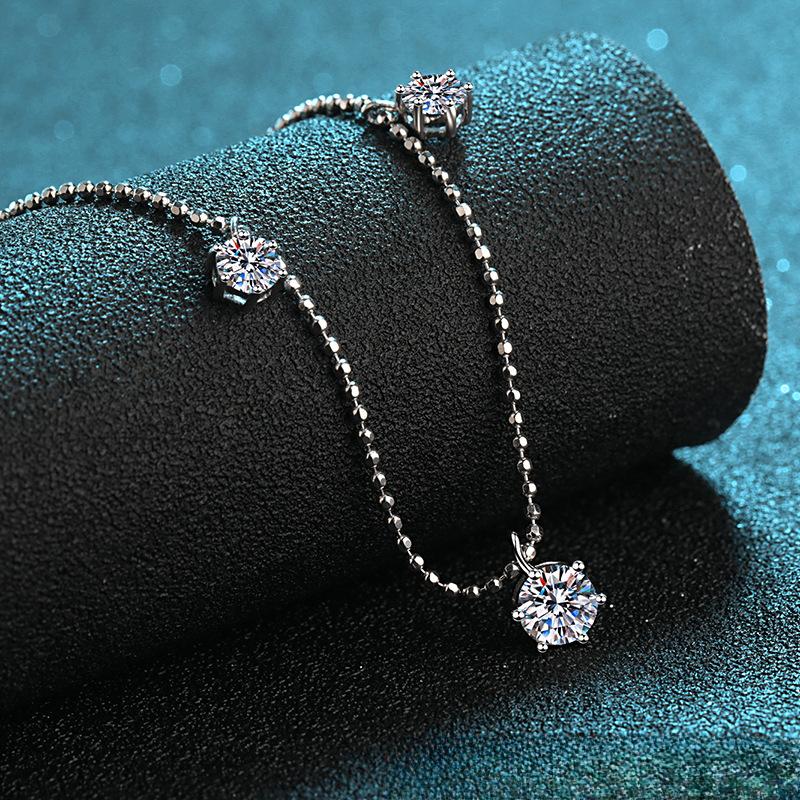 Necklace with 3.2 Carat Moissanite Center Stone and Round Bead Chain in 925 Sterling Silver