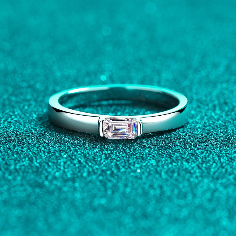 Women's Emerald Cut Moissanite Ring with 925 Sterling Silver Band and Lotus Motif