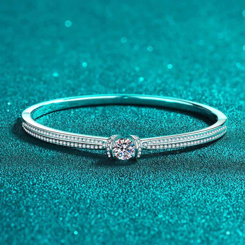 Bracelet with Double Row Full-Cut Moissanite Stones in Platinum-Plated 925 Sterling Silver, Minimalist High-End Design