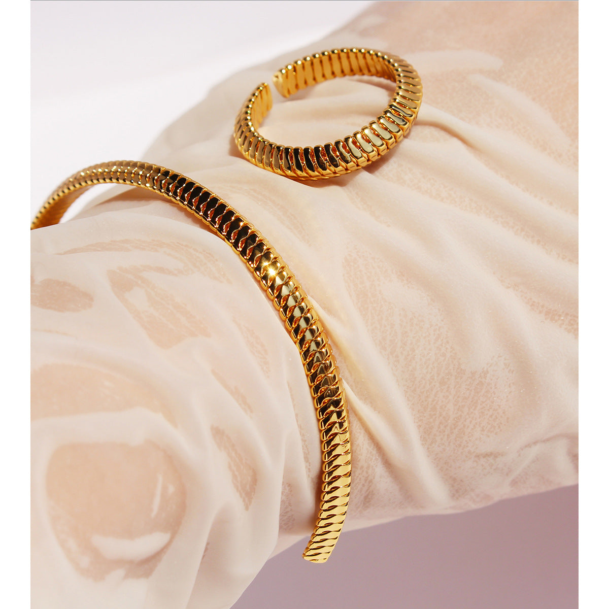 Gold-plated Copper Open Adjustable Bolo Bracelet Ring Set