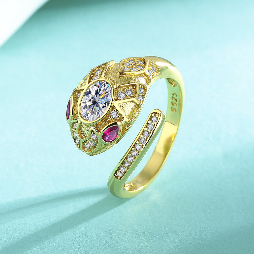 Ring S925 Sterling Silver Snake Design with Moissanite Stone 18K Gold Plated in Pink