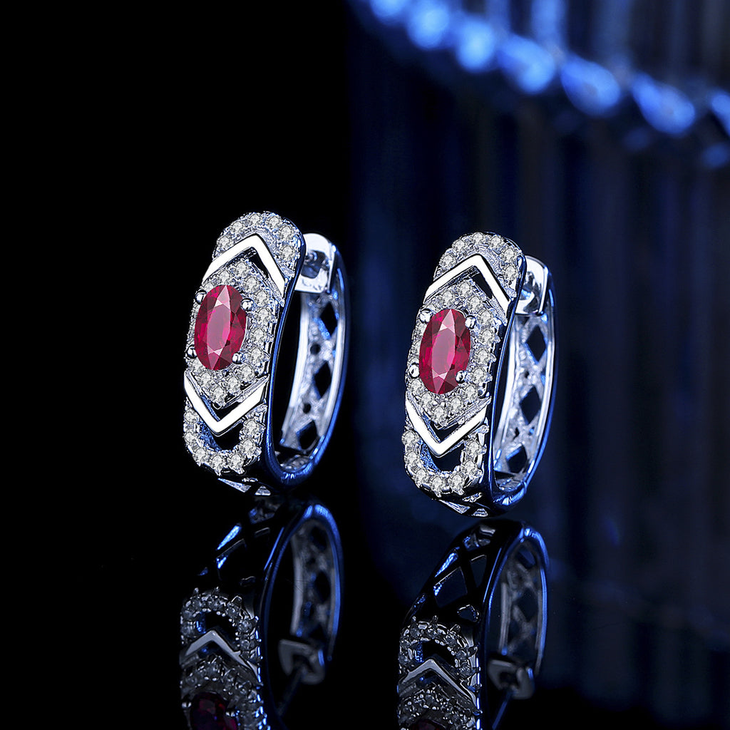 Earrings - Sterling Silver Oval Colorful Zirconia Hoop Earrings 3x5mm