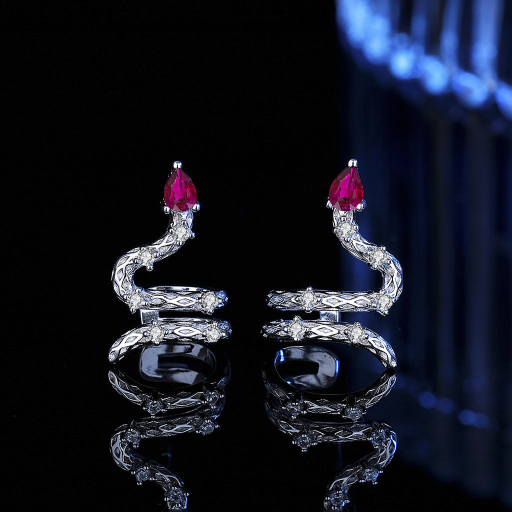 Earrings - Sterling Silver Snake Teardrop Stud Earrings with Colorful Zirconia Stones