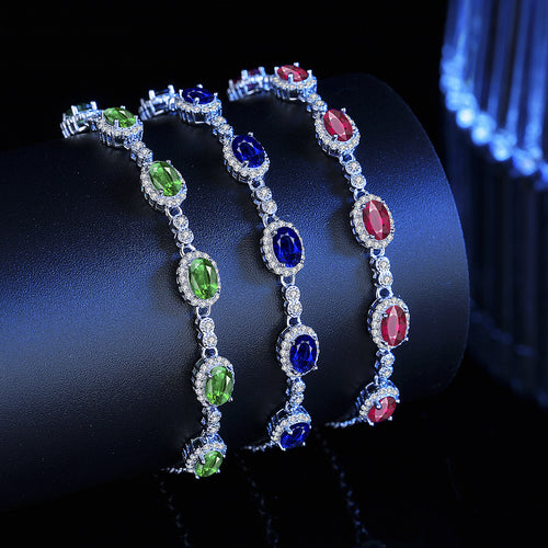Bracelet - Sterling Silver Adjustable Chain with Colorful Cubic Zirconia Gemstone