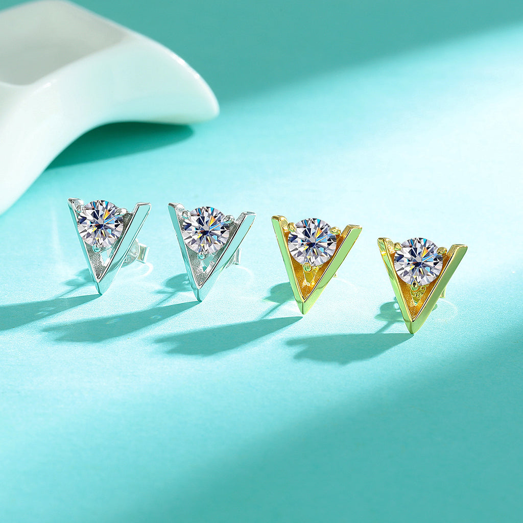 Earrings - Sterling Silver Triangle Moissanite Stud Earrings Geometric Minimalist Design
