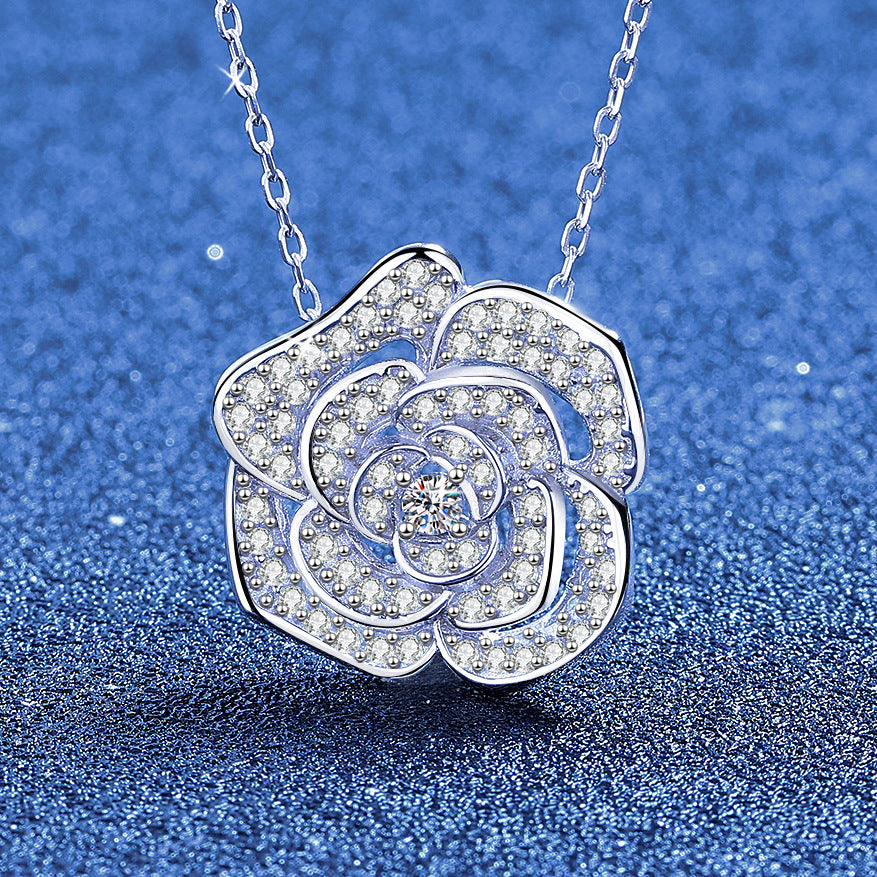 Necklace Sterling Silver Camellia Flower Pendant with Full Pave Moissanite Stones Elegant Collarbone Chain