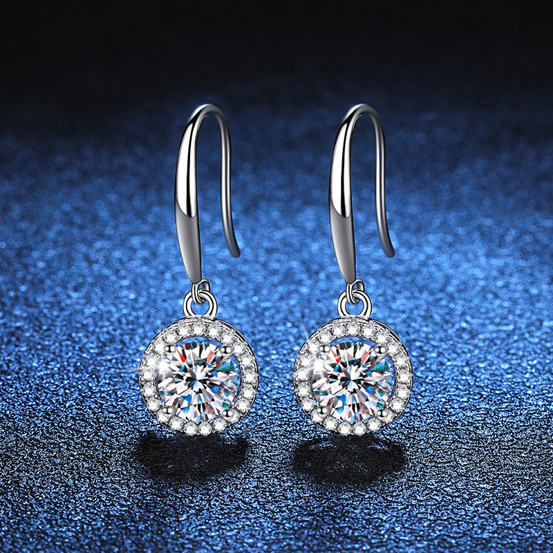 Elegant Sterling Silver Halo Drop Earrings with Round Moissanite Stone and Hook Closure