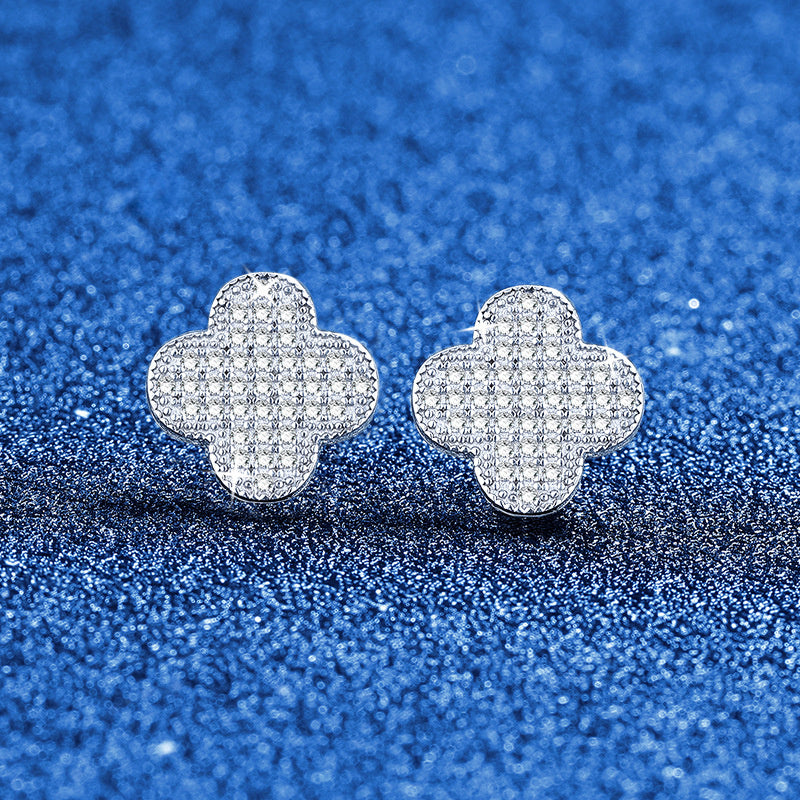 Earrings Sterling Silver Four Leaf Clover Stud Earrings with Full Pave Moissanite Stones