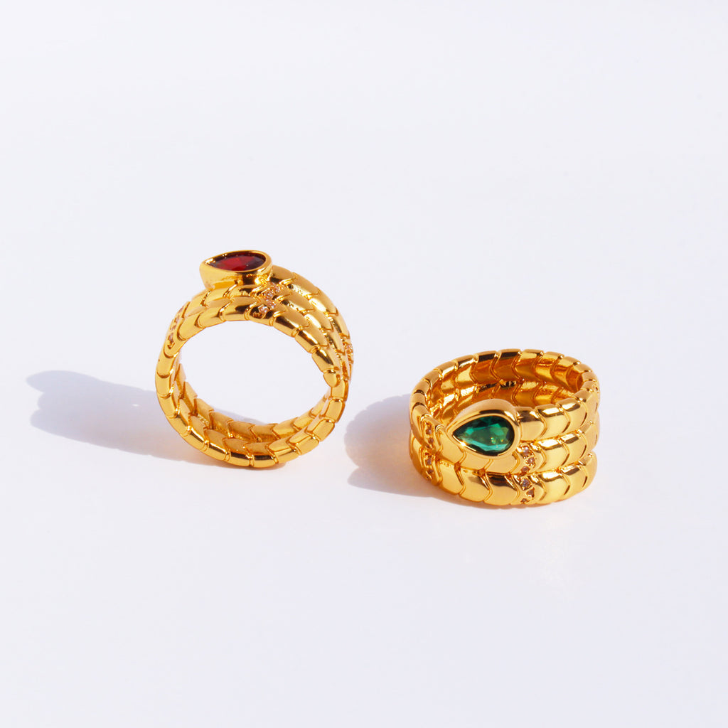 Green and Burgundy Snake Design Ring with Emerald Cut Gemstones