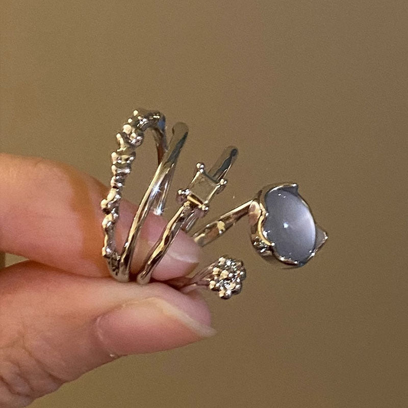 Geometric Cat's Eye Stone Ring Set for Women - Minimalist Stackable Adjustable Open Rings