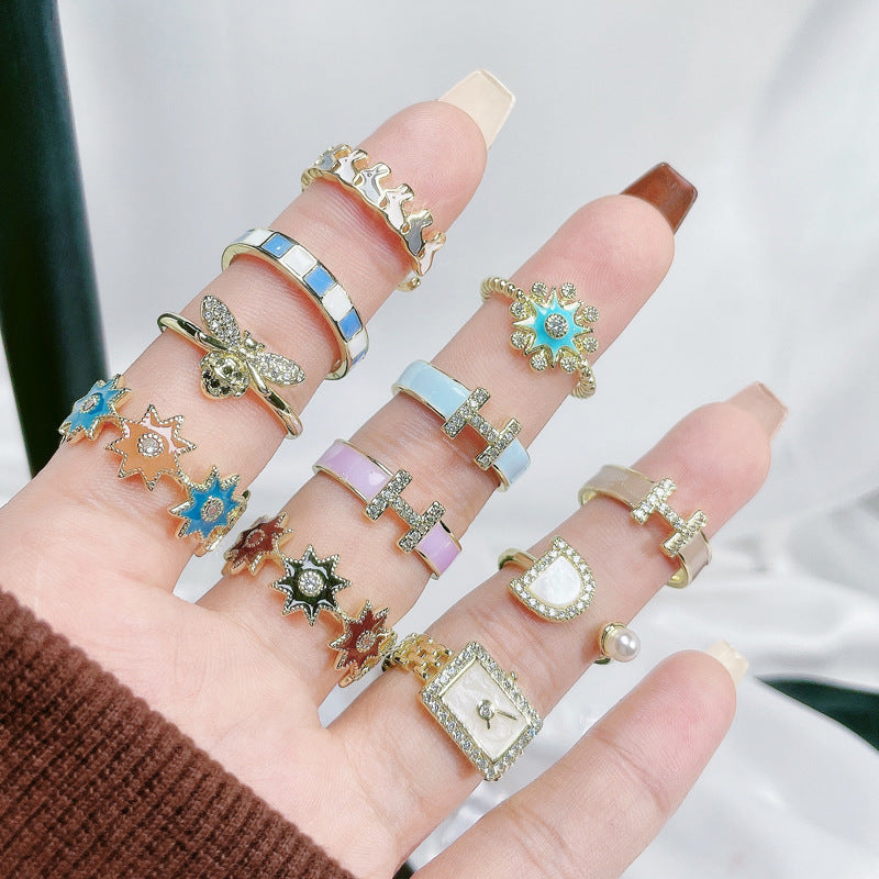 Stackable Gold Letter Enamel Open Ring Set for Women - Minimalist Chic Design