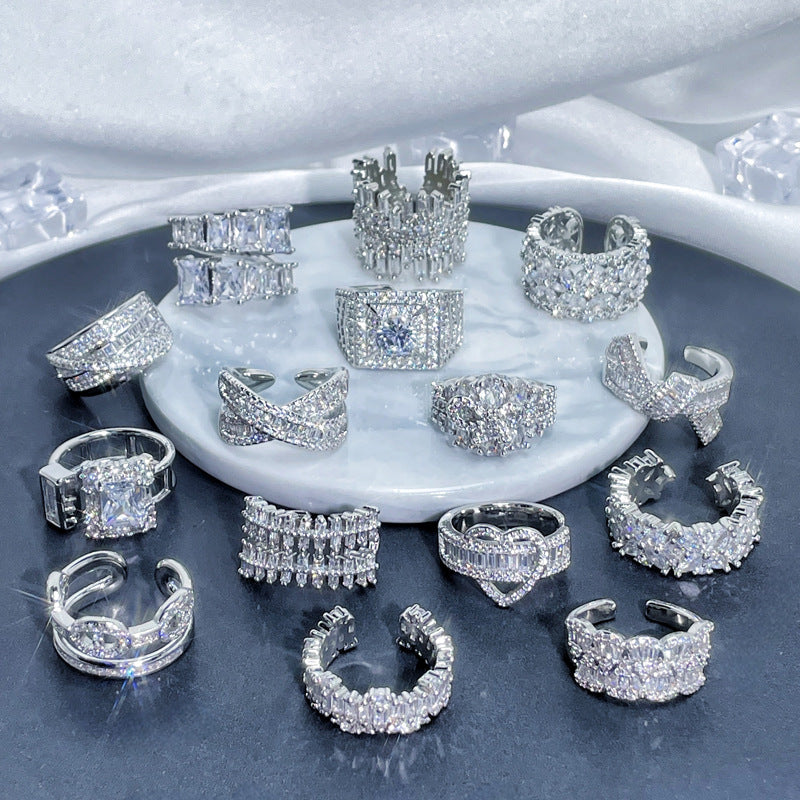 French Luxury Open Ring with Full Pavé Zircon Stones for Women - Geometric Style Statement Piece