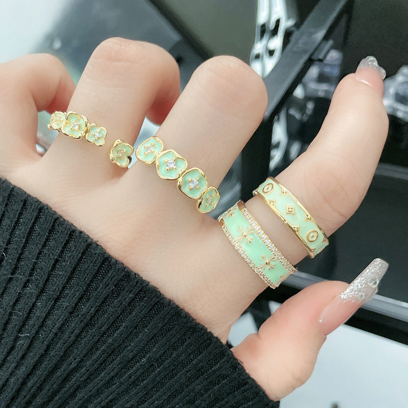 Geometric Mint Green Floral Open Ring with Zircon Accents - French Light Luxury Style