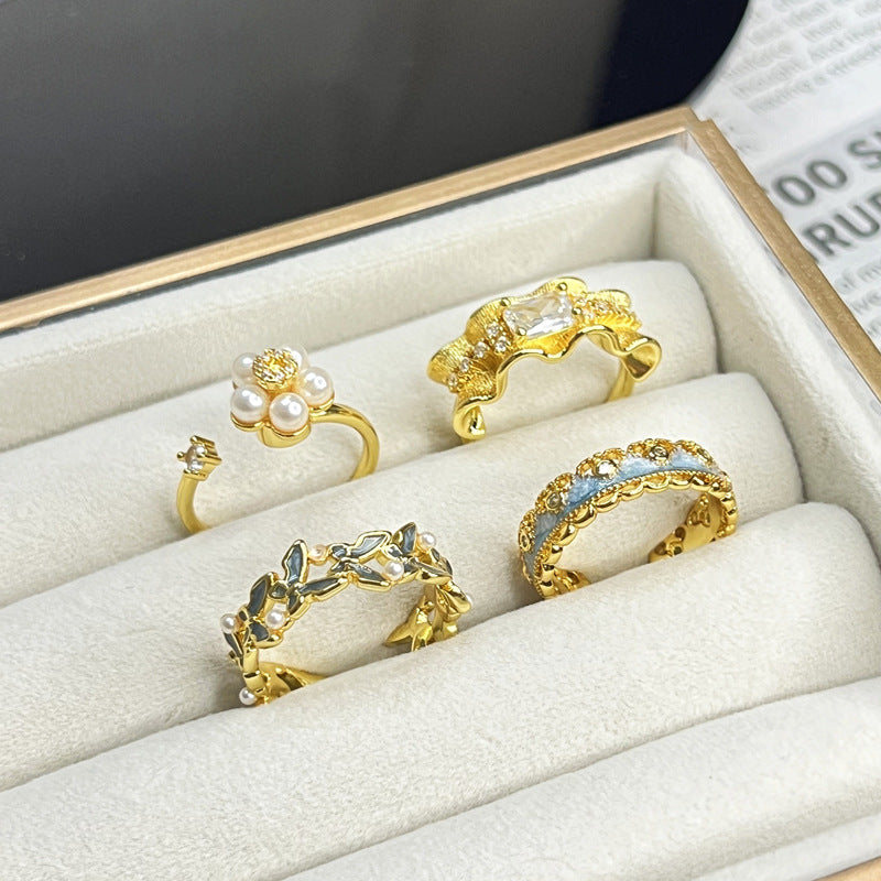 Modern Chinese Style Pearl Rotating Open Ring with Butterfly Design for Women