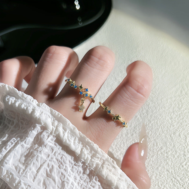 Star Drop Blue Tassel Open Ring - Geometric Asymmetrical Design with Zircon Accents