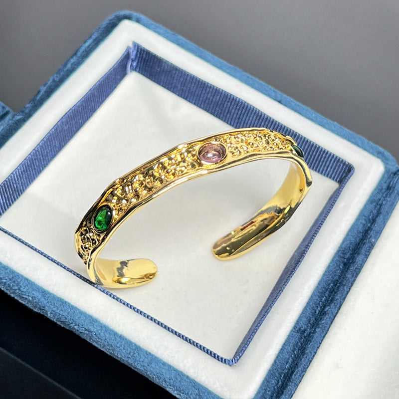 Vintage Textured Gemstone Inlaid Wide Cuff Bracelet - Elegant and Edgy Fashion Statement
