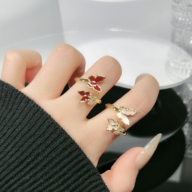Butterfly Enamel Ring for Women - Sweet and Edgy Geometric Open Ring with Dual Butterfly Design