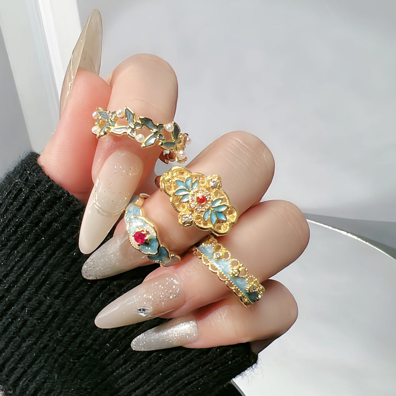 Ring - Exquisite Openwork Enamel Floral Statement Finger Ring in New Chinese Style