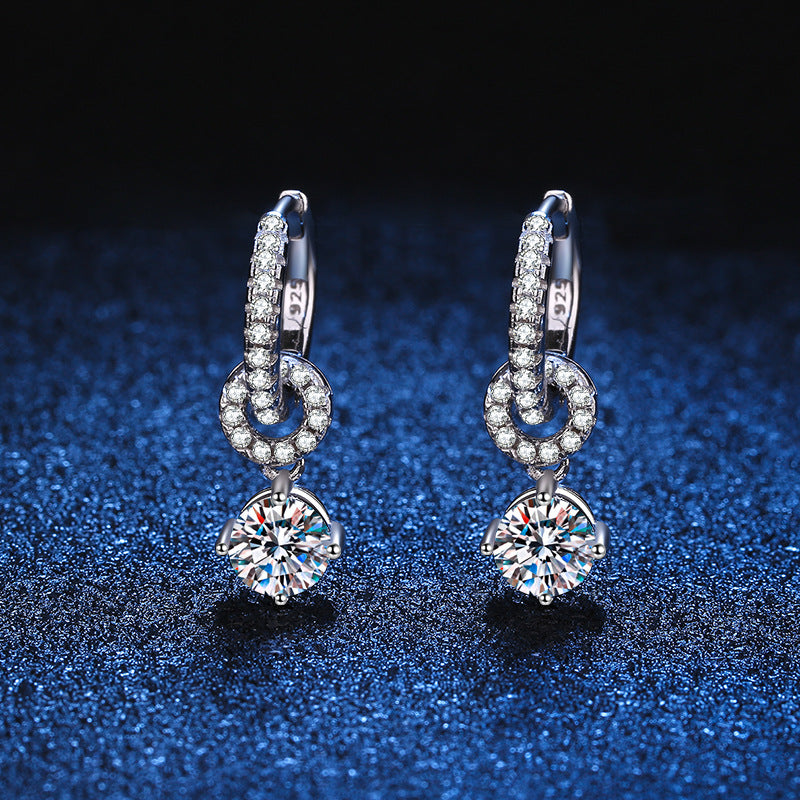 Earrings Sterling Silver Moissanite Drop Hoop Earrings with Circular Pave Design