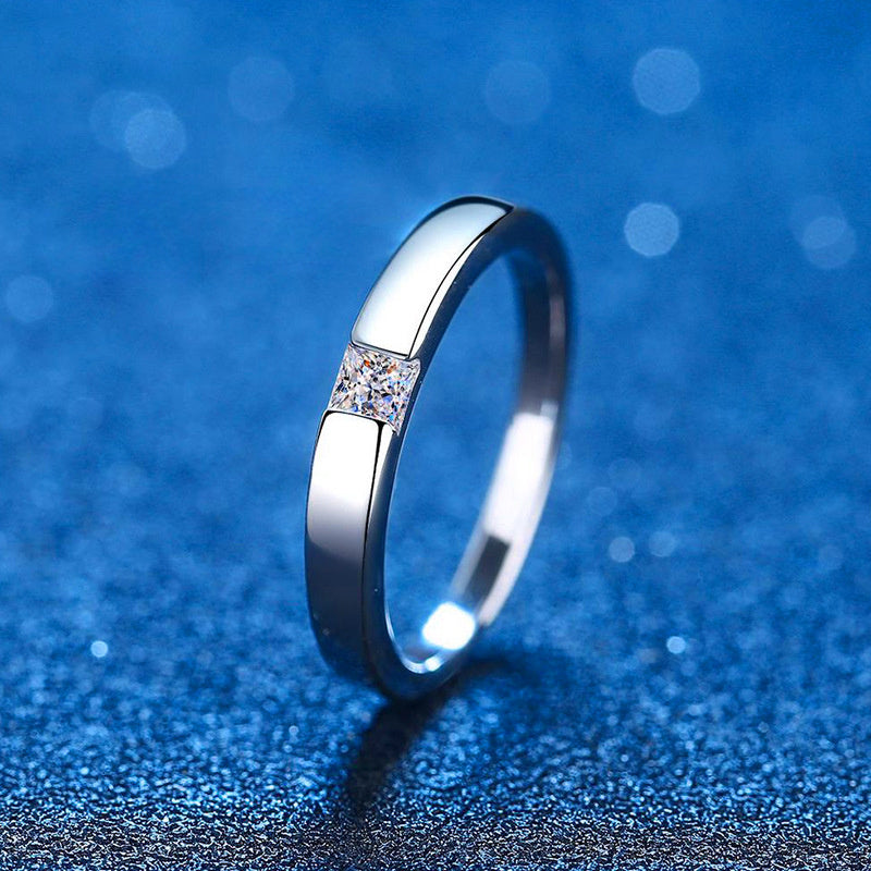 Ring Sterling Silver Princess Cut Moissanite Unisex Minimalist Band
