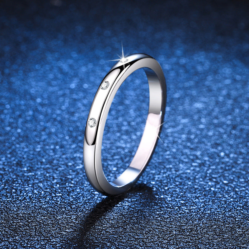 Ring Sterling Silver Three Stone Moissanite Band with Platinum Plating Minimalist Design