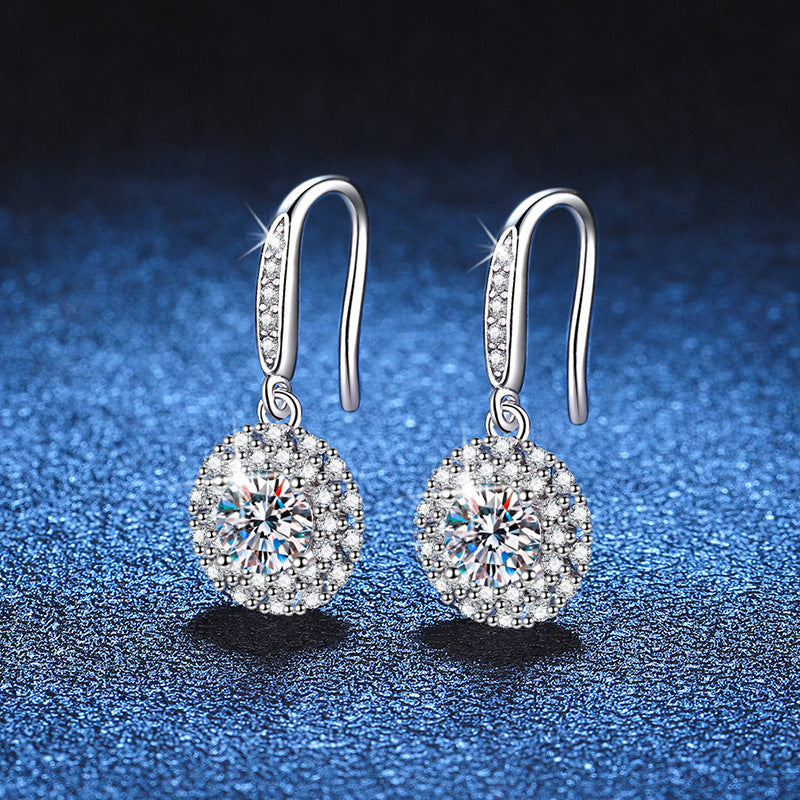 Earrings Sterling Silver Platinum Plated Moissanite Halo Drop Earrings with Brilliant D Color Stones